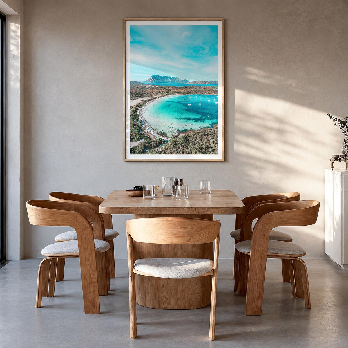 Sardinia colorful photo poster of Italy – vertical wall art in natural wood frame with white border, hanging on wall