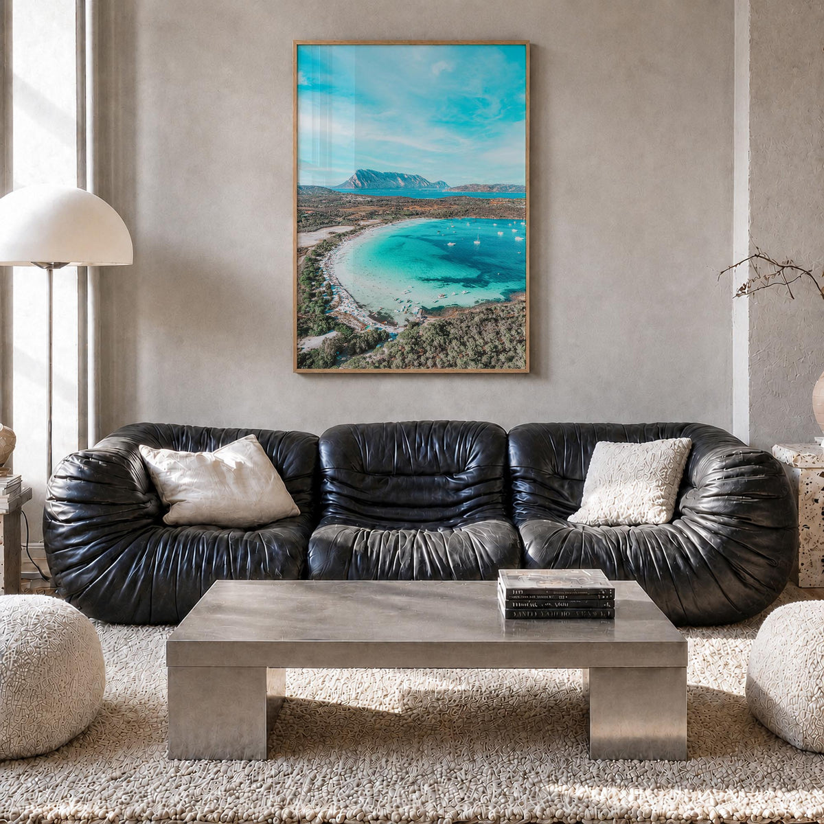 Sardinia colorful photo poster of Italy – vertical wall art in natural wood frame, hanging on wall