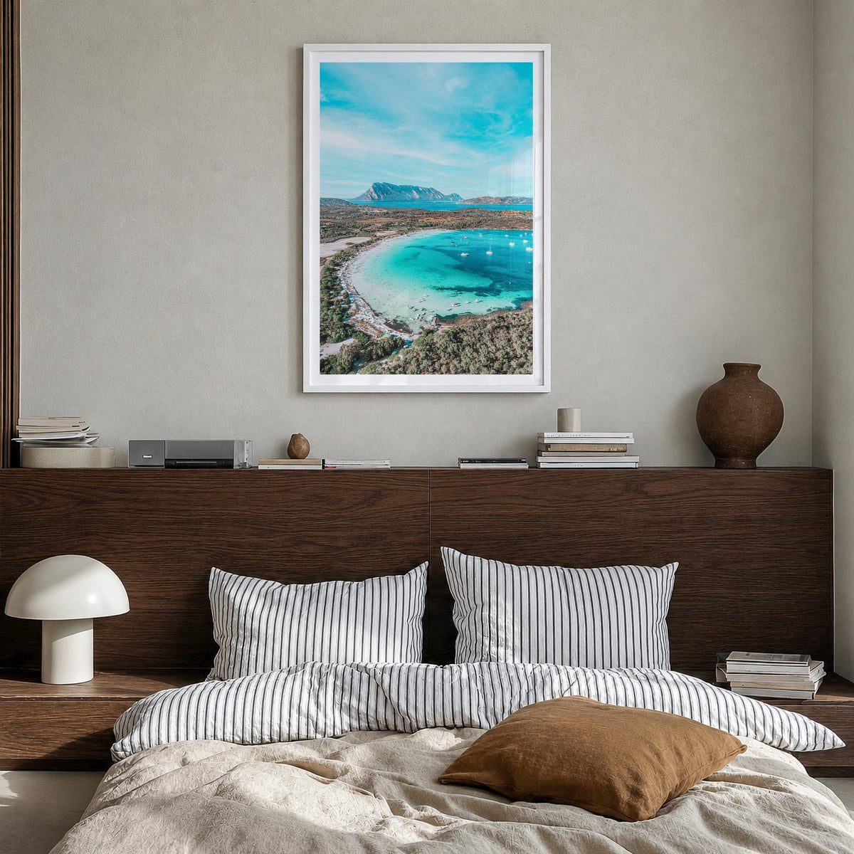 Sardinia colorful photo poster of Italy – vertical wall art in white wood frame with white border, hanging on wall