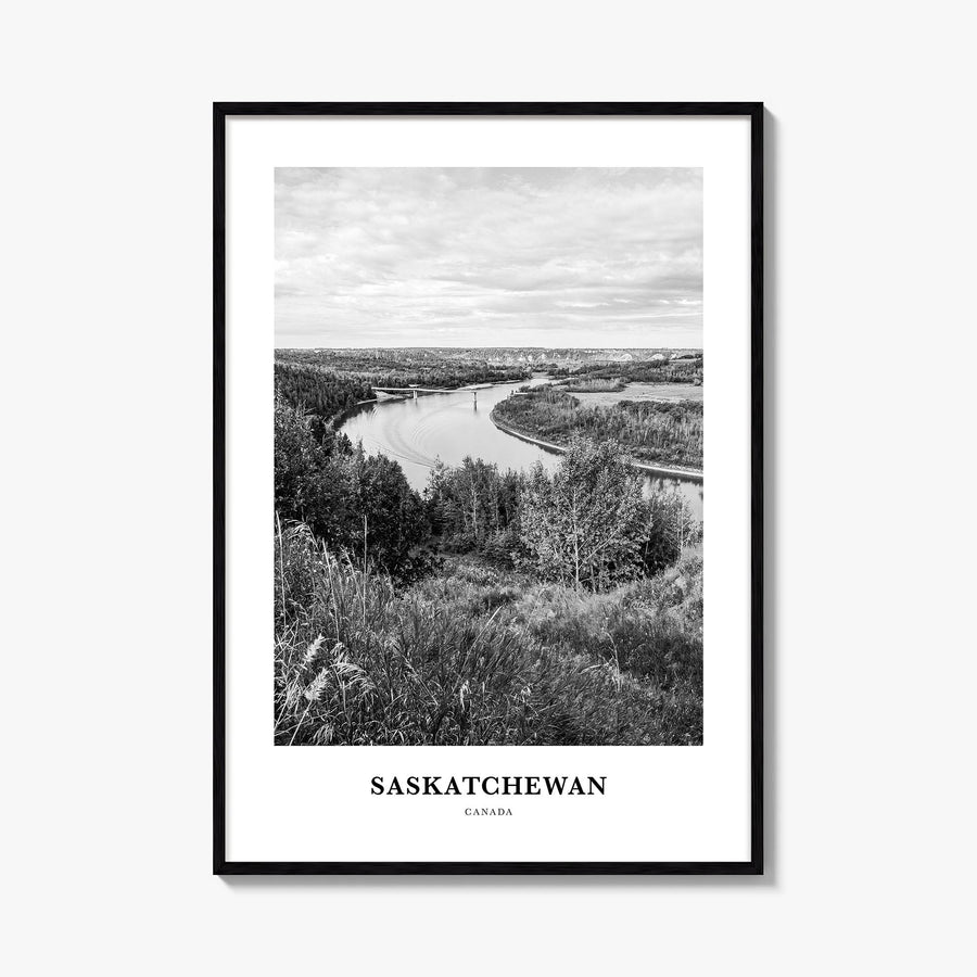 Saskatchewan black & white classic poster of Canada – vertical wall art, unframed print shown in interior mockup