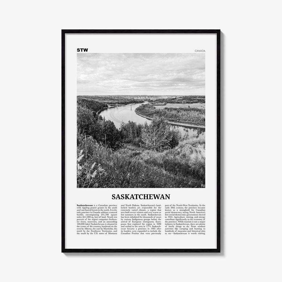 Saskatchewan black & white newspaper poster of Canada – vertical wall art, unframed print shown in interior mockup