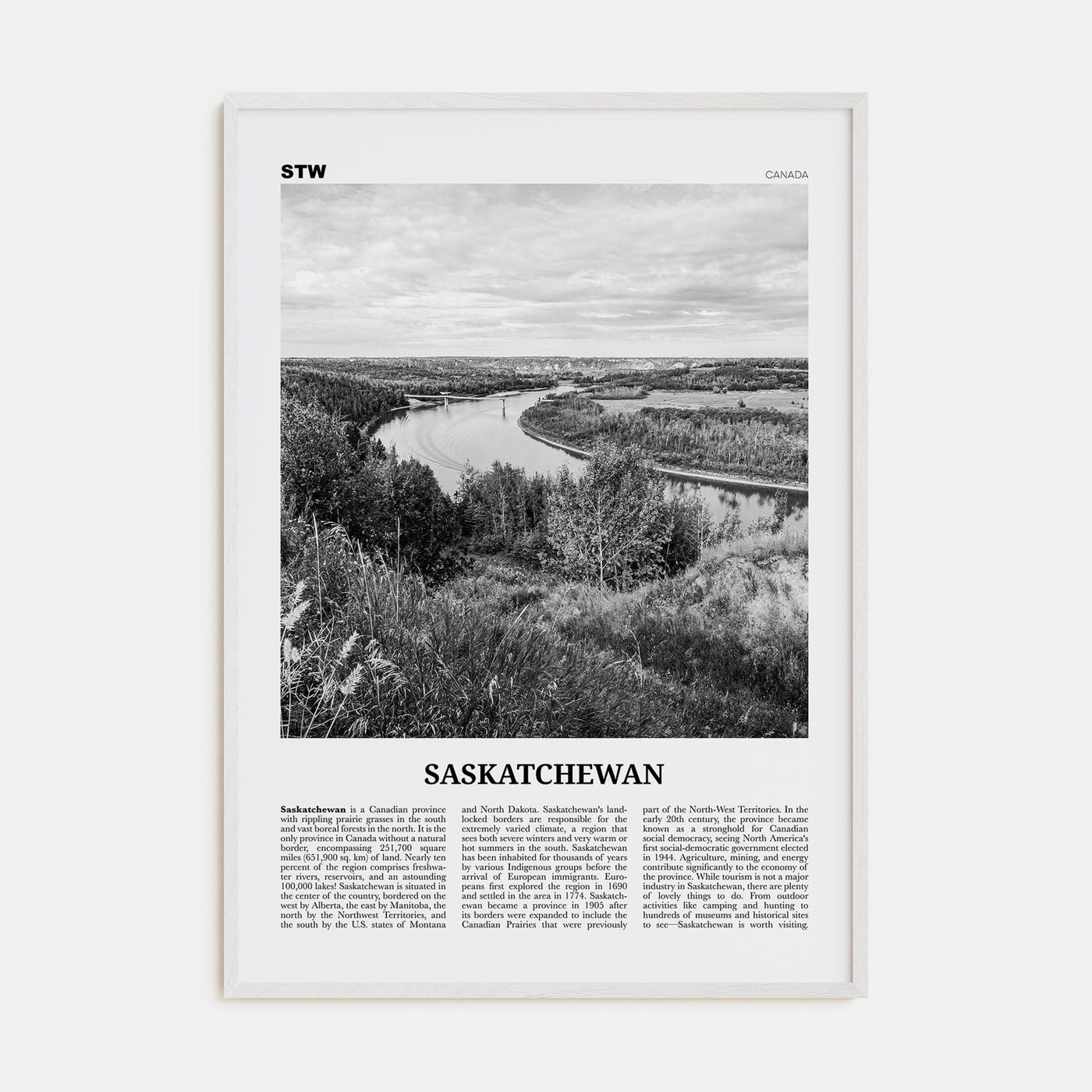 Saskatchewan Poster White Wood / 8x12 in Nbourhood Travel B&W Poster