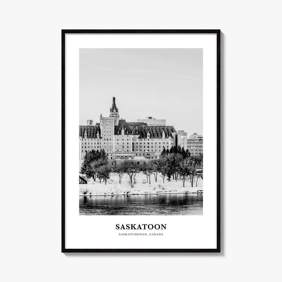 Saskatoon black & white classic poster of Saskatchewan, Canada – vertical wall art, unframed print shown in interior mockup