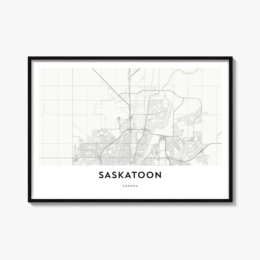 Saskatoon black & white map poster of Saskatchewan, Canada – horizontal wall art, unframed print shown in interior mockup