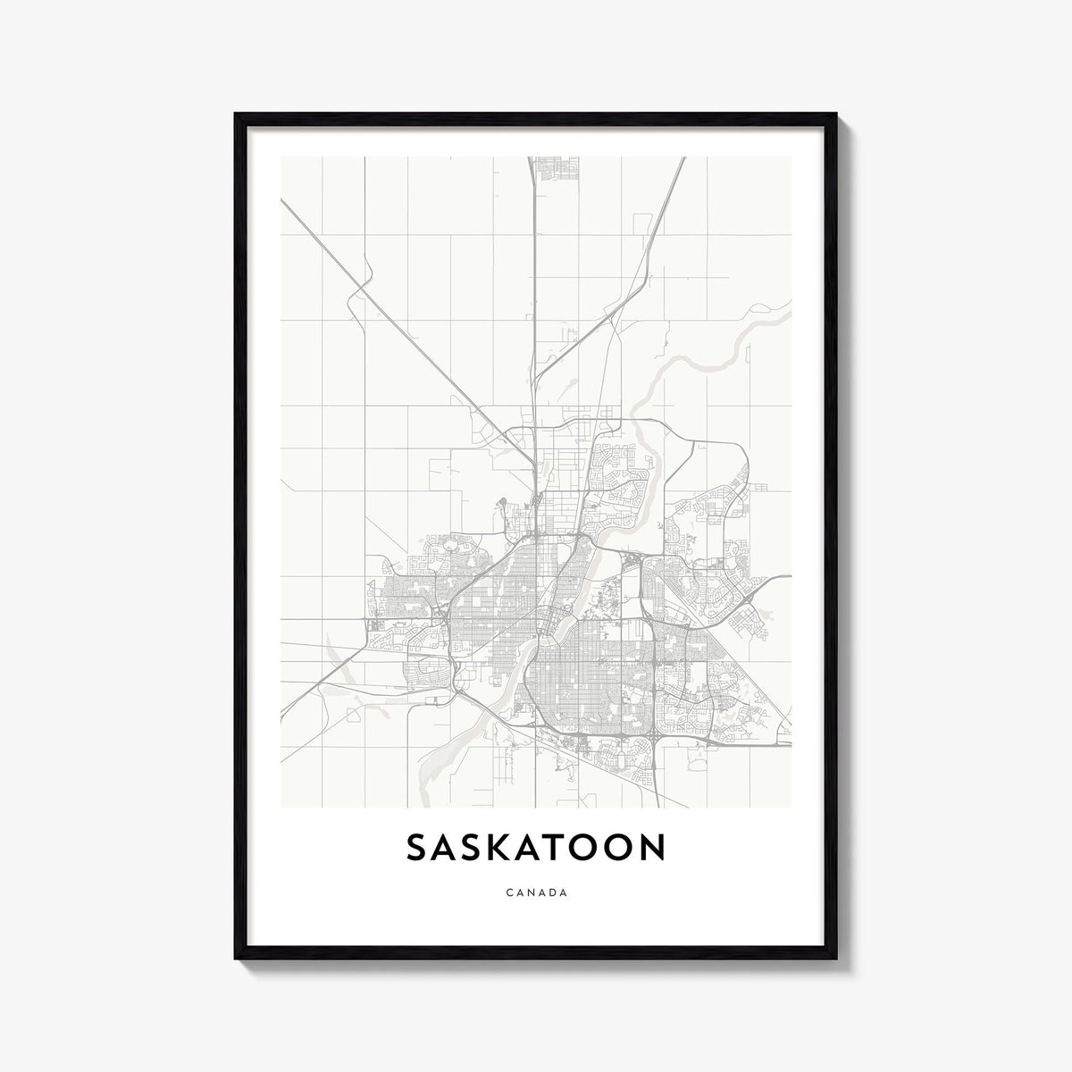 Saskatoon black & white map poster of Saskatchewan, Canada – vertical wall art, unframed print shown in interior mockup