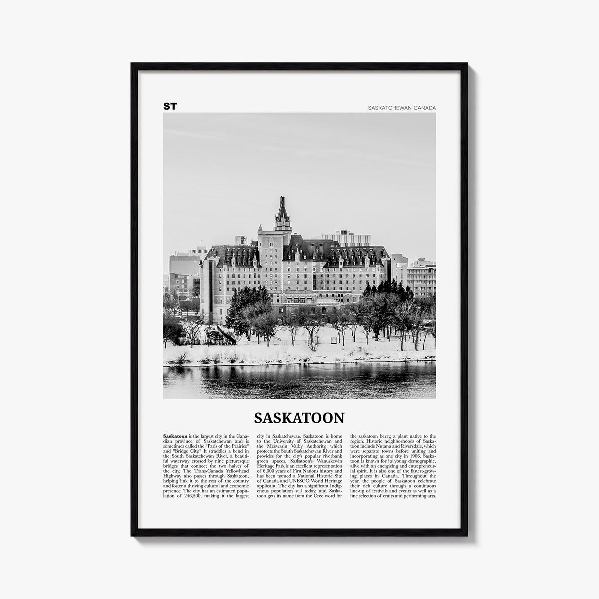 Saskatoon black & white newspaper poster of Saskatchewan, Canada – vertical wall art, unframed print shown in interior mockup