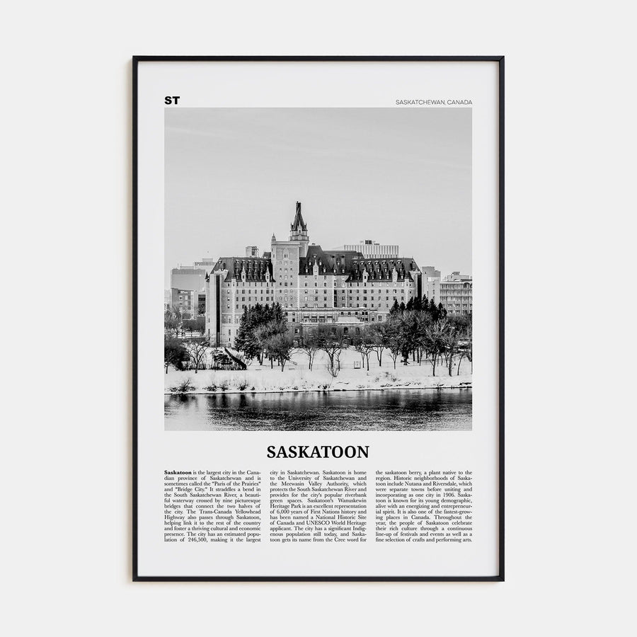 Saskatoon Poster Black Metal / 8x12 in Nbourhood Travel B&W Poster