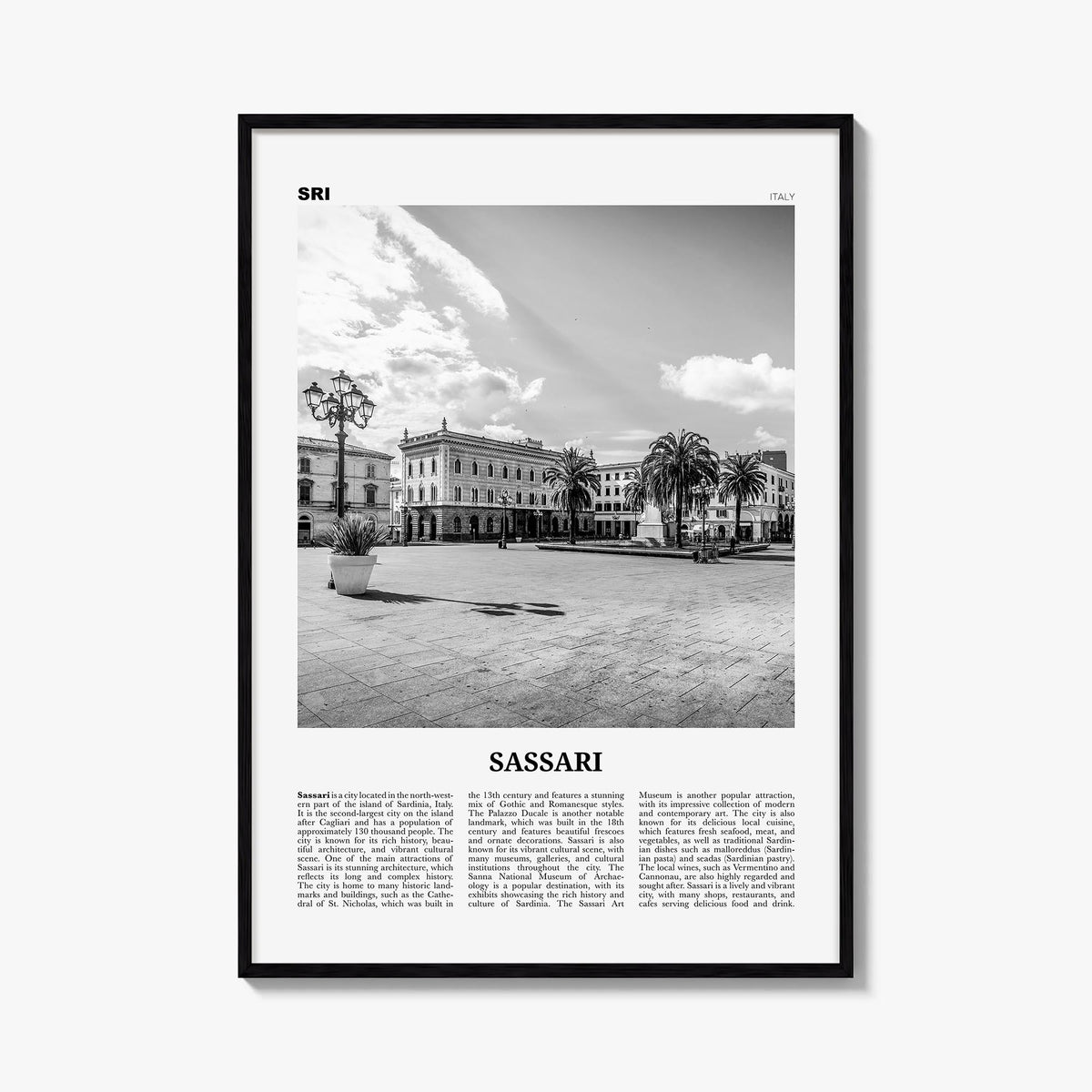 Sassari black & white newspaper poster of Italy – vertical wall art, unframed print shown in interior mockup