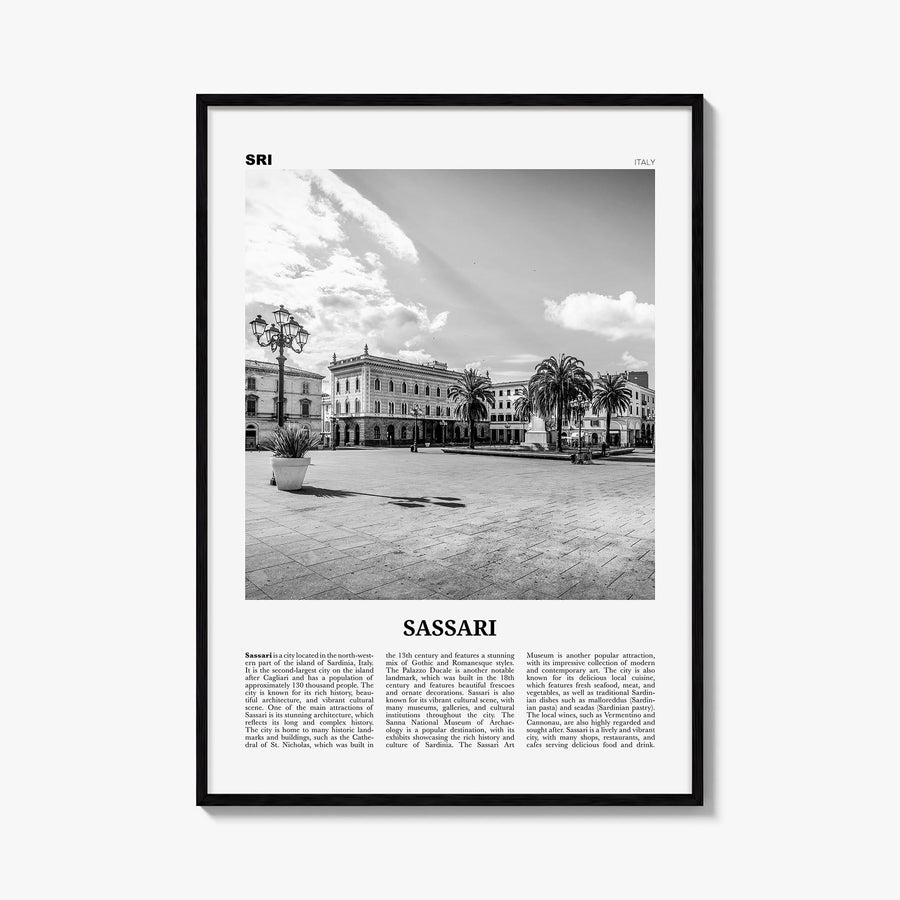 Sassari black & white newspaper poster of Italy – vertical wall art, unframed print shown in interior mockup