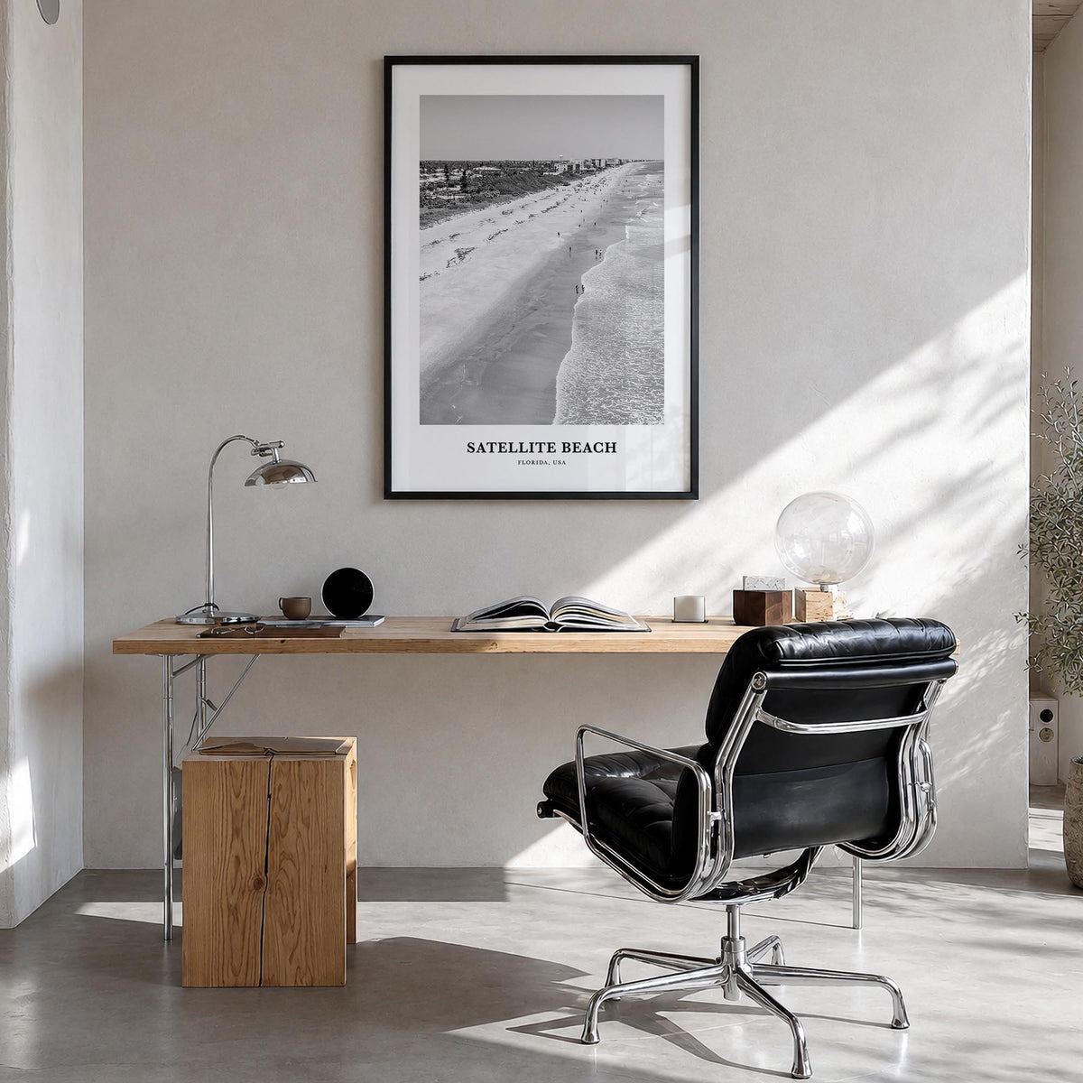 Satellite Beach black & white classic poster of Florida, USA – vertical wall art in black wood frame, hanging on wall