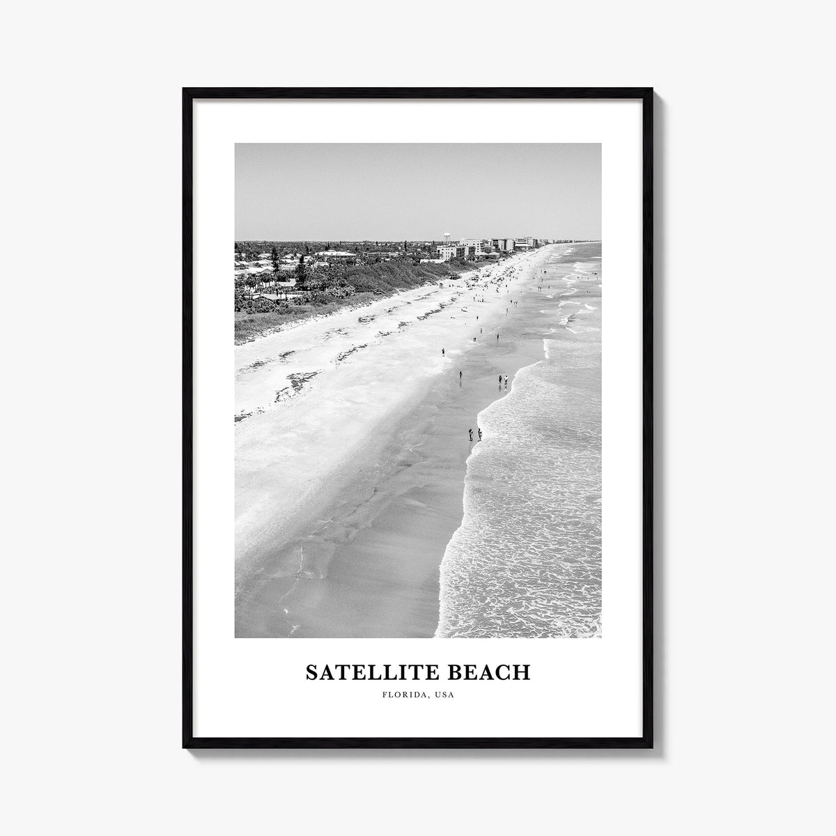 Satellite Beach black & white classic poster of Florida, USA – vertical wall art, unframed print shown in interior mockup
