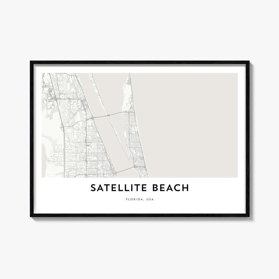 Satellite Beach black & white map poster of Florida, USA – horizontal wall art, unframed print shown in interior mockup