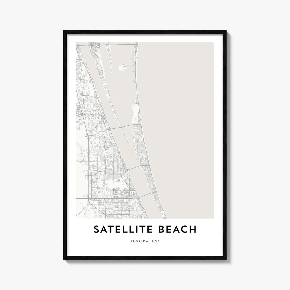 Satellite Beach black & white map poster of Florida, USA – vertical wall art, unframed print shown in interior mockup