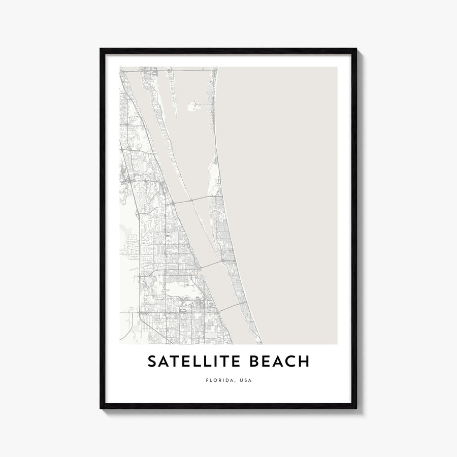 Satellite Beach black & white map poster of Florida, USA – vertical wall art, unframed print shown in interior mockup