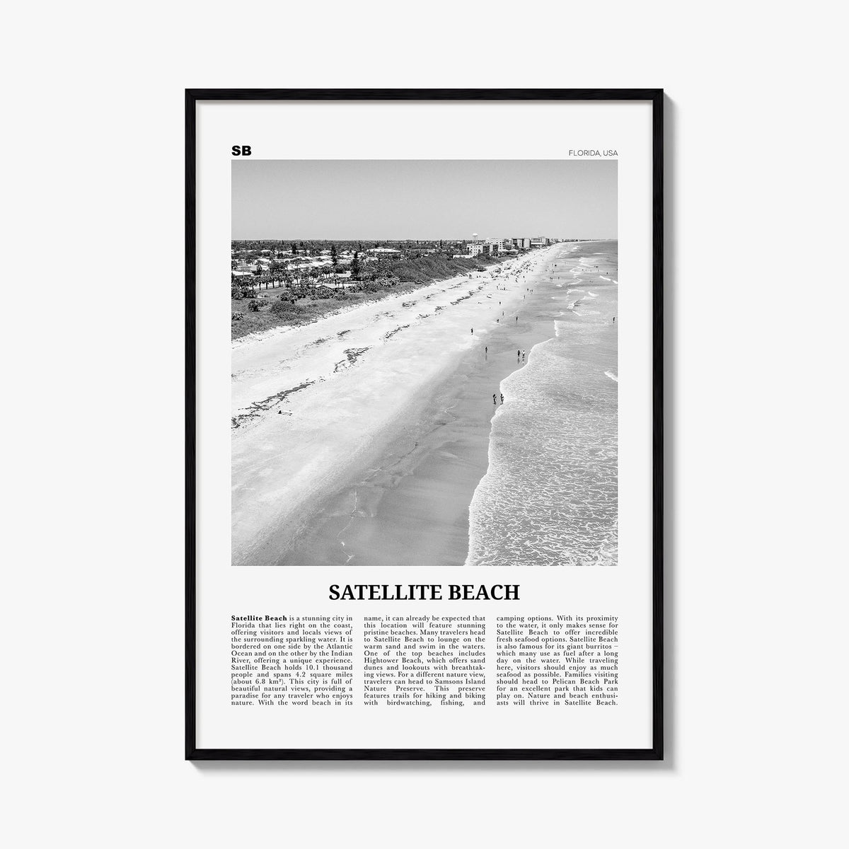 Satellite Beach black & white newspaper poster of Florida, USA – vertical wall art, unframed print shown in interior mockup