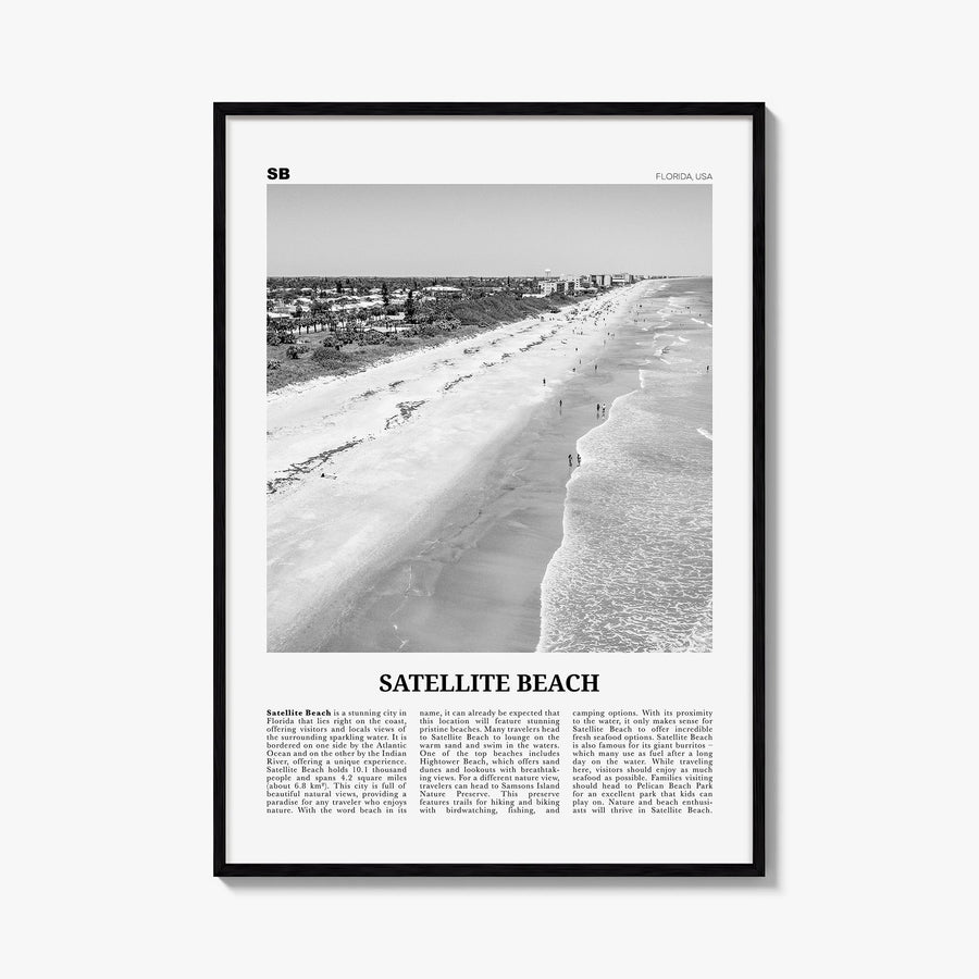 Satellite Beach black & white newspaper poster of Florida, USA – vertical wall art, unframed print shown in interior mockup