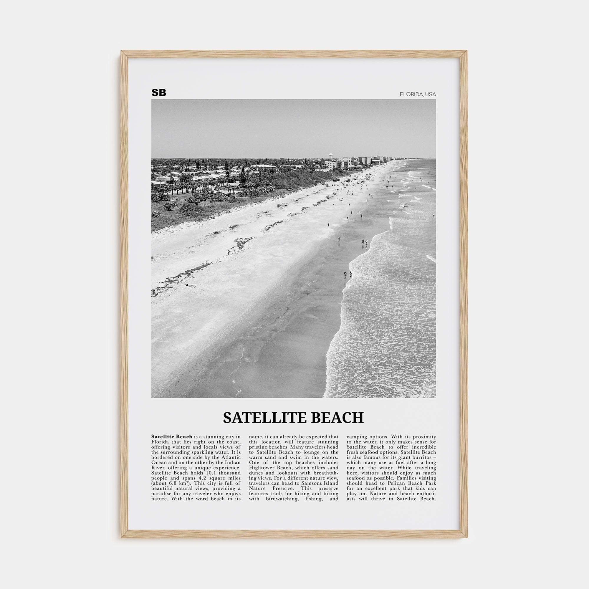 Satellite Beach Poster Natural Wood / 8x12 in Nbourhood Travel B&W Poster