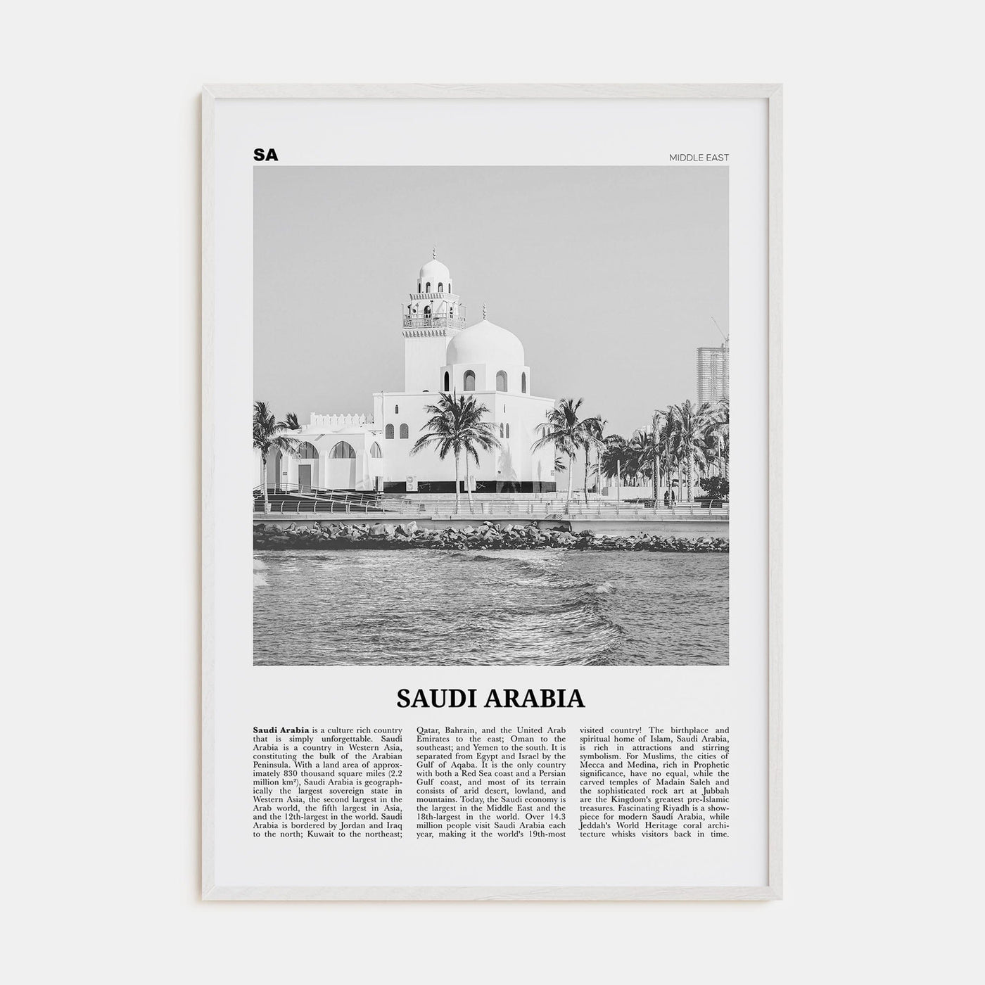 Saudi Arabia Poster White Wood / 8x12 in Nbourhood Travel B&W Poster