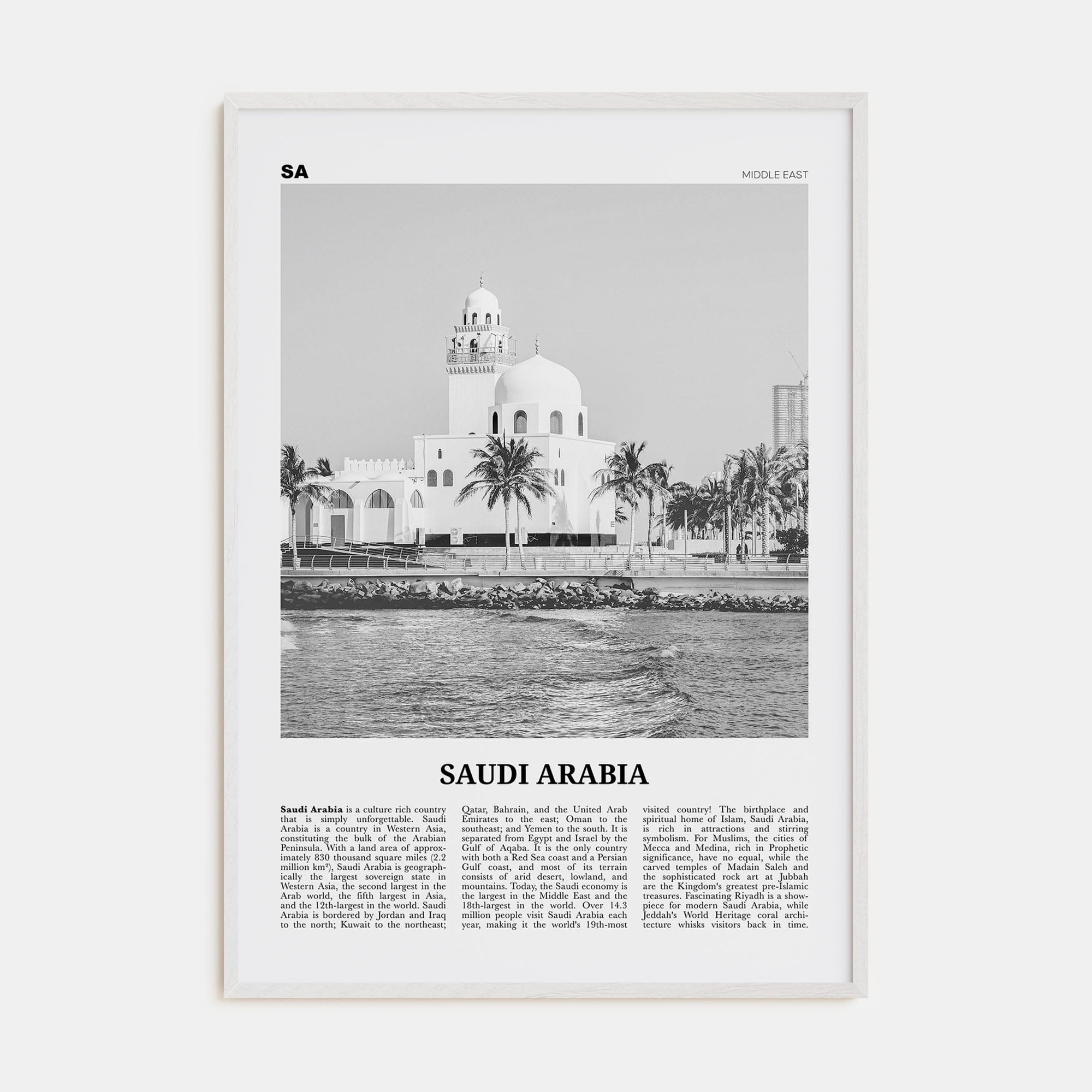 Saudi Arabia Poster White Wood / 8x12 in Nbourhood Travel B&W Poster