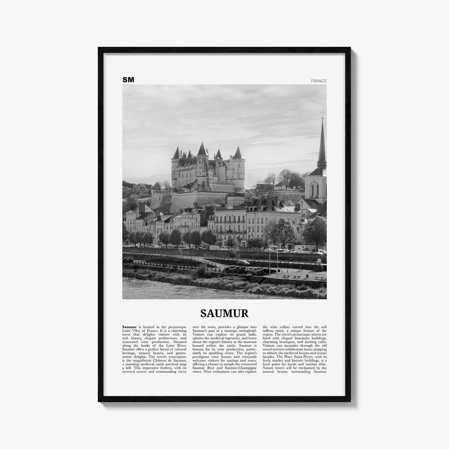 Saumur black & white newspaper poster of France – vertical wall art, unframed print shown in interior mockup
