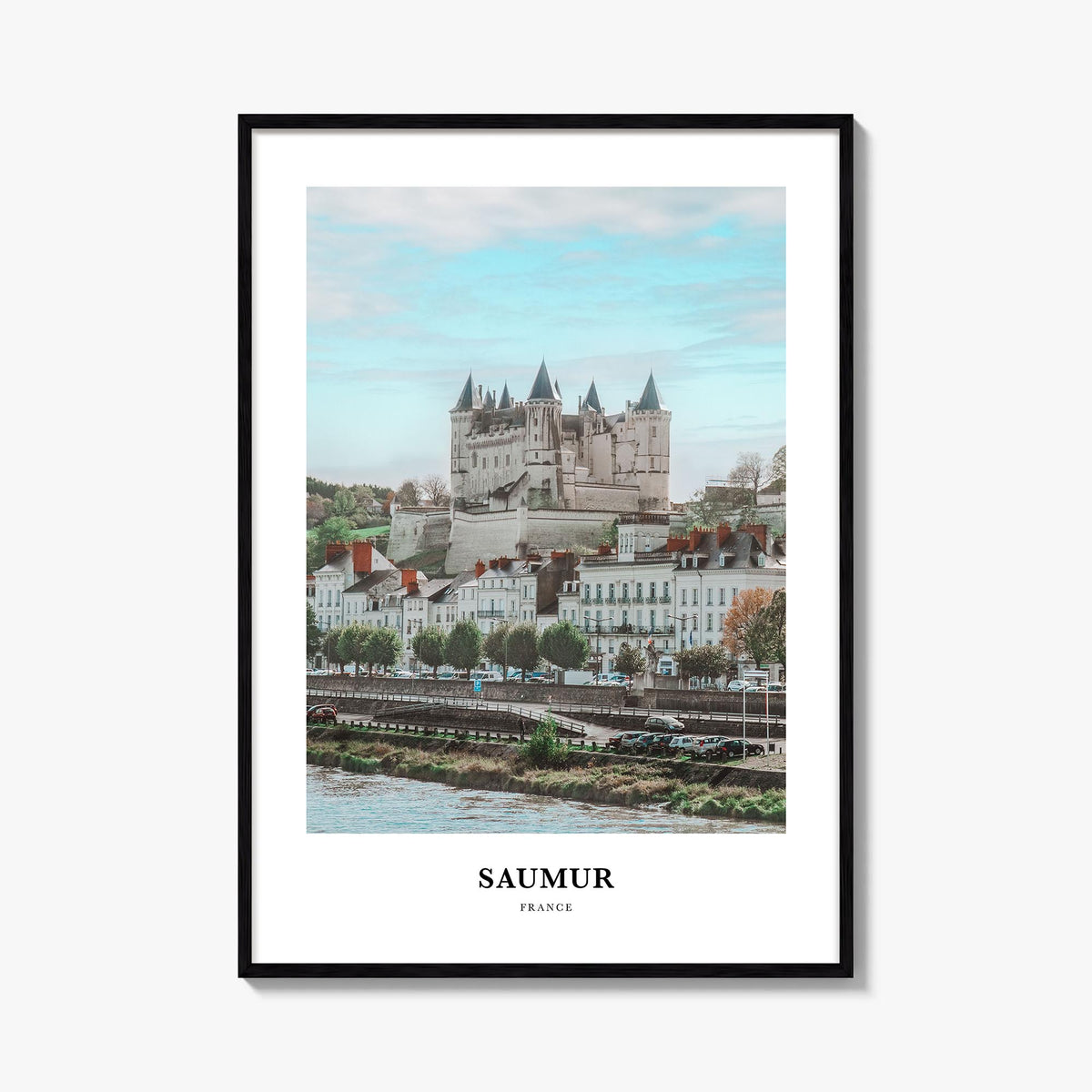 Saumur colorful classic poster of France – vertical wall art, unframed print shown in interior mockup