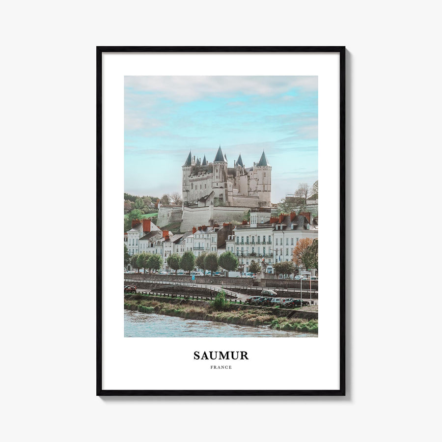 Saumur colorful classic poster of France – vertical wall art, unframed print shown in interior mockup