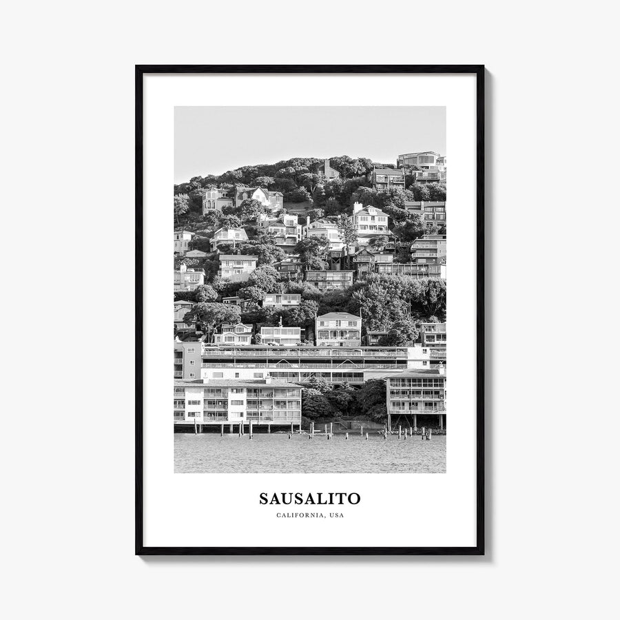 Sausalito black & white classic poster of California, USA – vertical wall art, unframed print shown in interior mockup