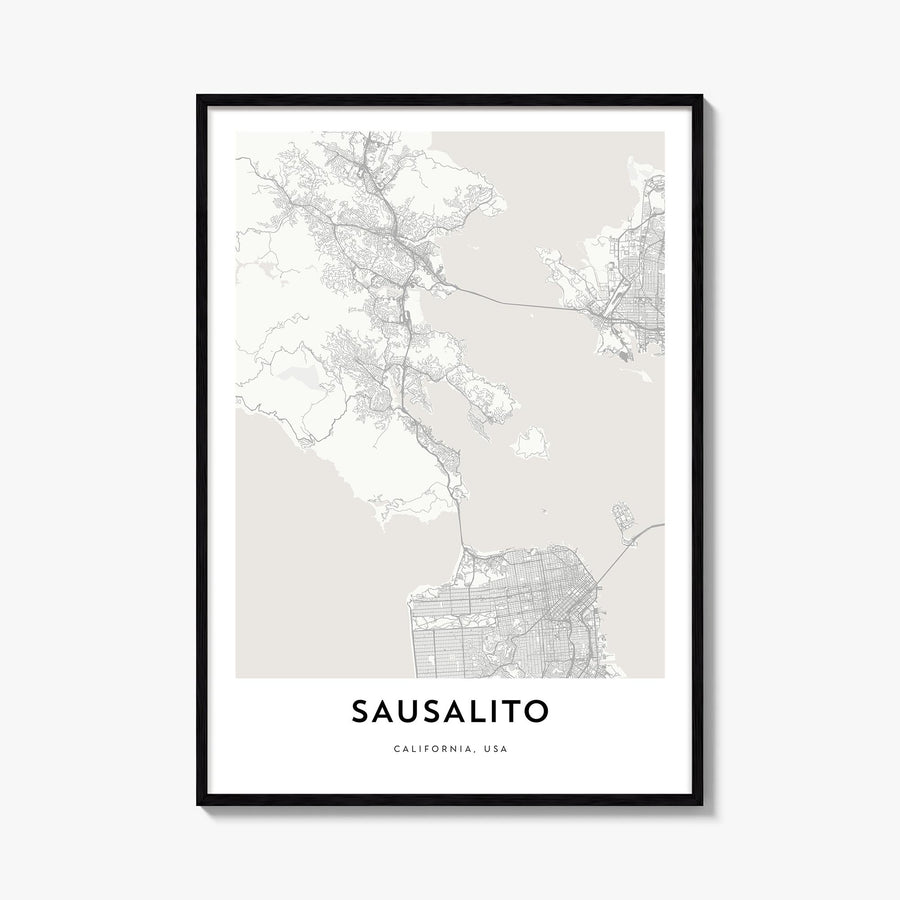 Sausalito black & white map poster of California, USA – vertical wall art, unframed print shown in interior mockup