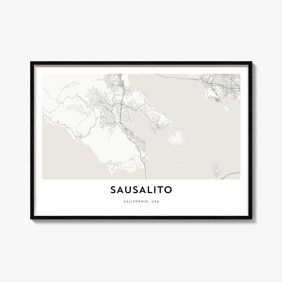 Sausalito black & white map poster of California, USA – horizontal wall art, unframed print shown in interior mockup