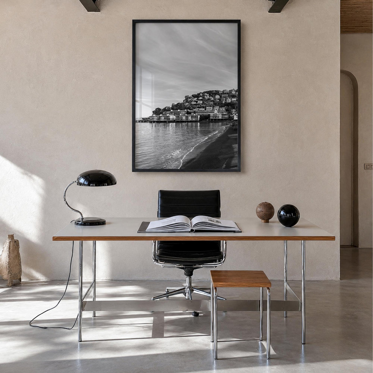 Sausalito black & white photo poster of California, USA – vertical wall art in black wood frame, hanging on wall