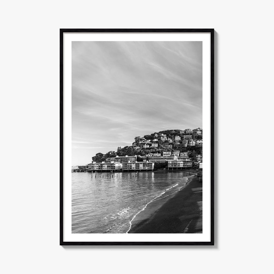 Sausalito black & white photo poster of California, USA – vertical wall art, unframed print shown in interior mockup
