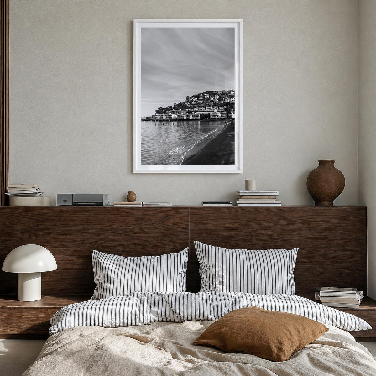 Sausalito black & white photo poster of California, USA – vertical wall art in white wood frame with white border, hanging on