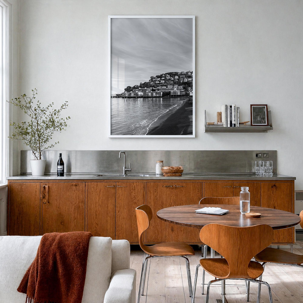 Sausalito black & white photo poster of California, USA – vertical wall art in white wood frame, hanging on wall