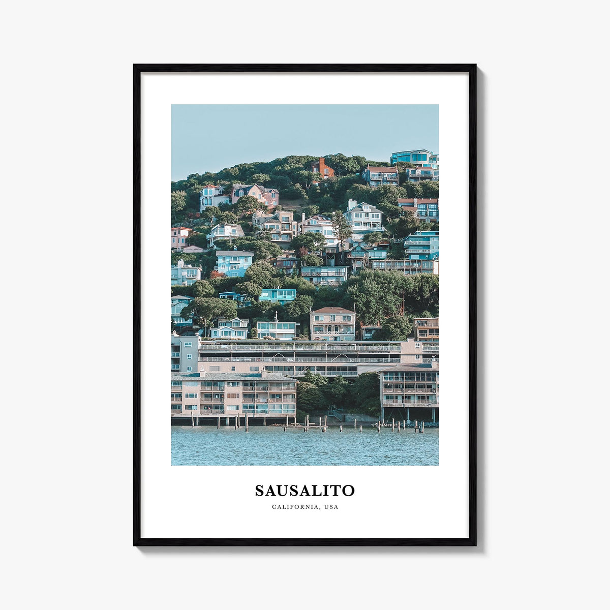 Sausalito colorful classic poster of California, USA – vertical wall art, unframed print shown in interior mockup