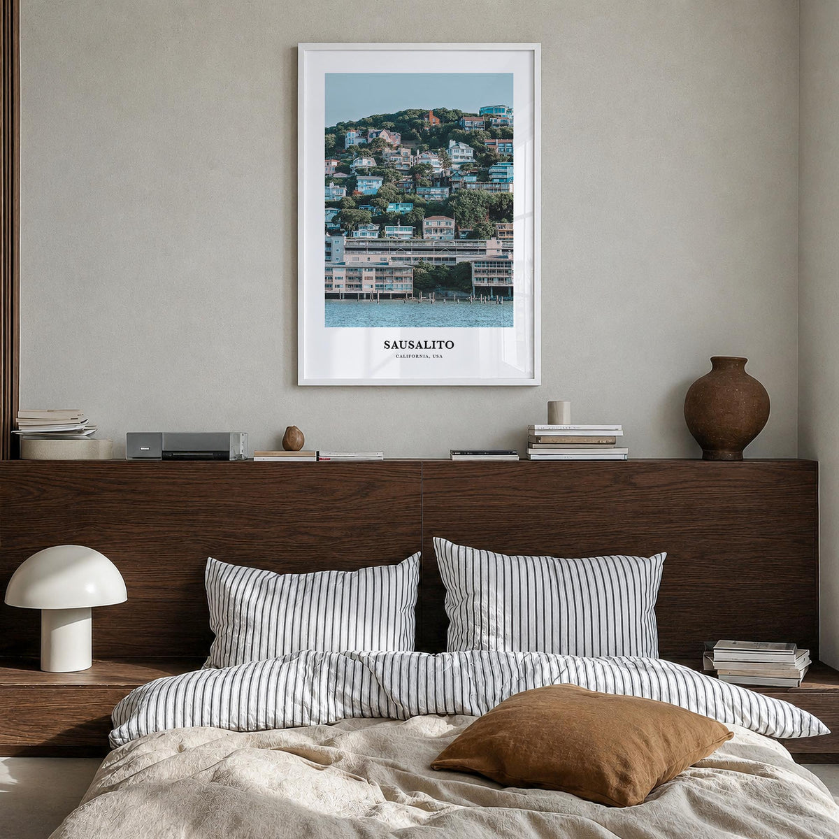 Sausalito colorful classic poster of California, USA – vertical wall art in white wood frame, hanging on wall