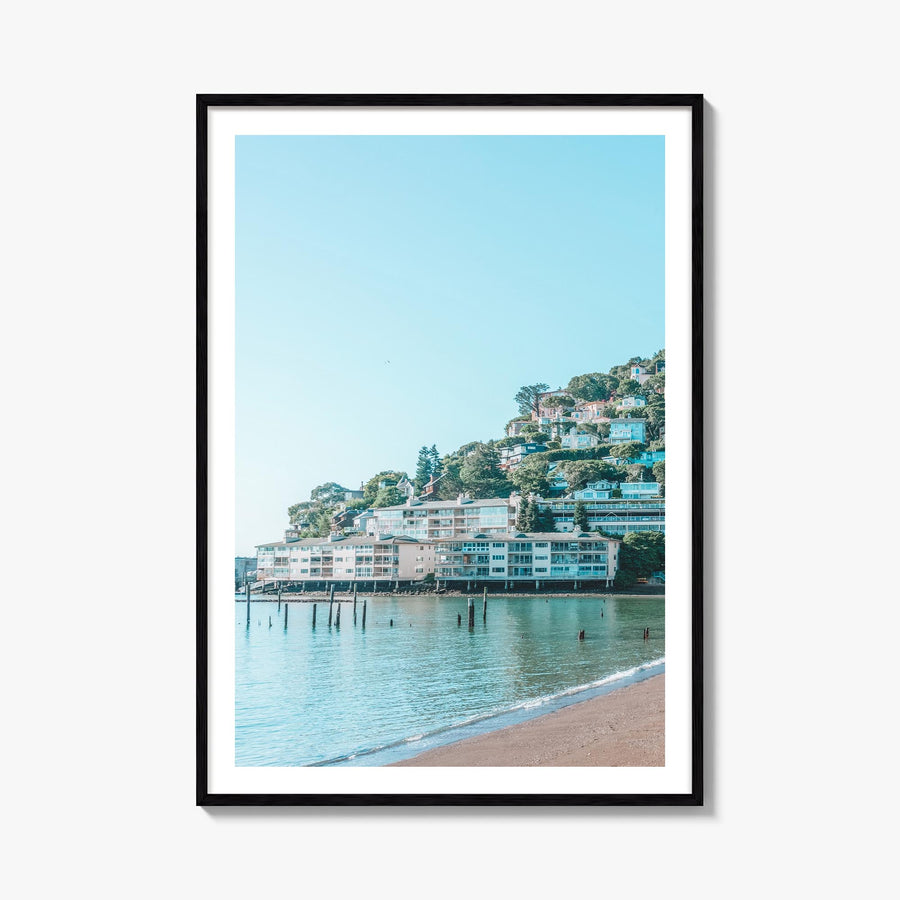 Sausalito colorful photo poster of California, USA – vertical wall art, unframed print shown in interior mockup