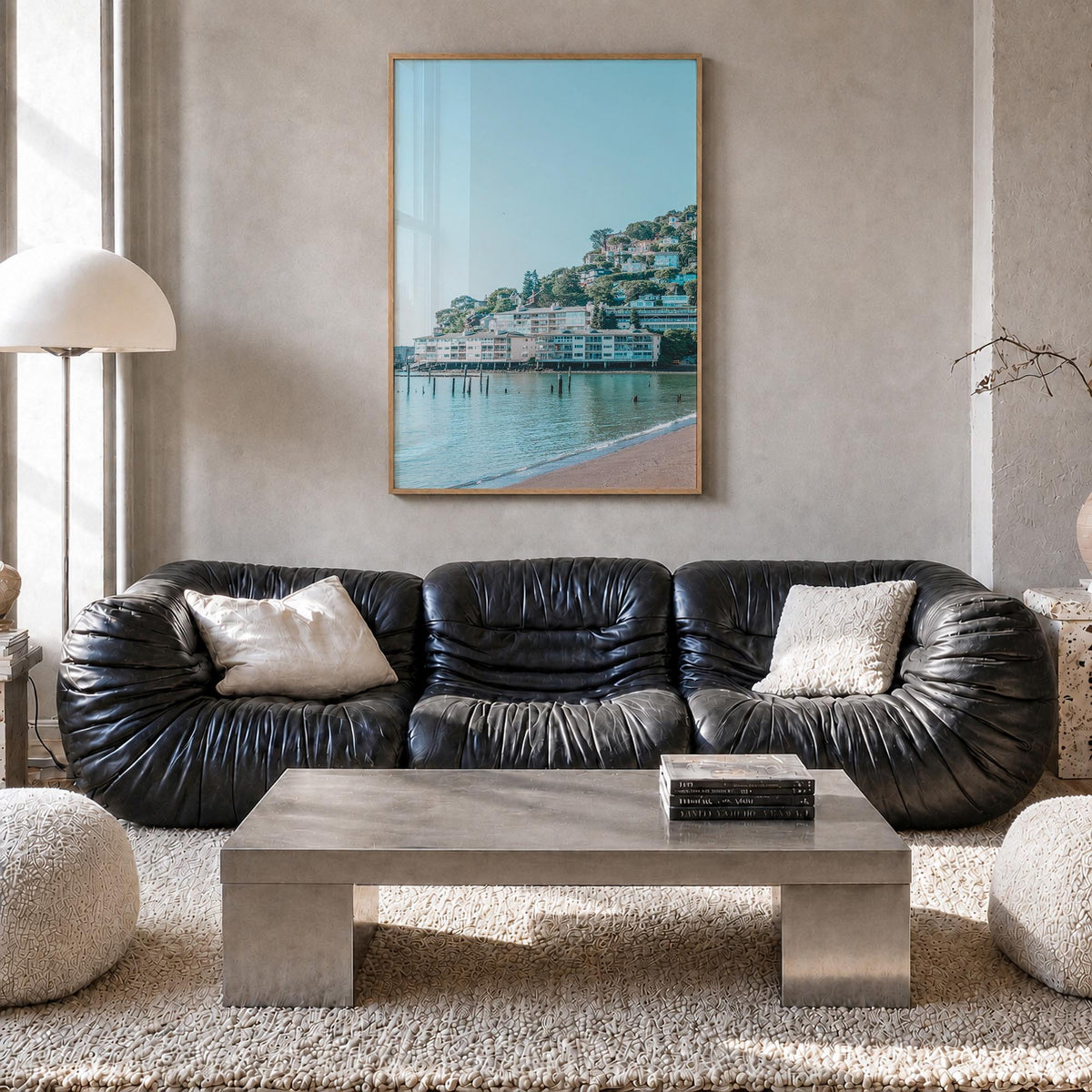 Sausalito colorful photo poster of California, USA – vertical wall art in natural wood frame, hanging on wall