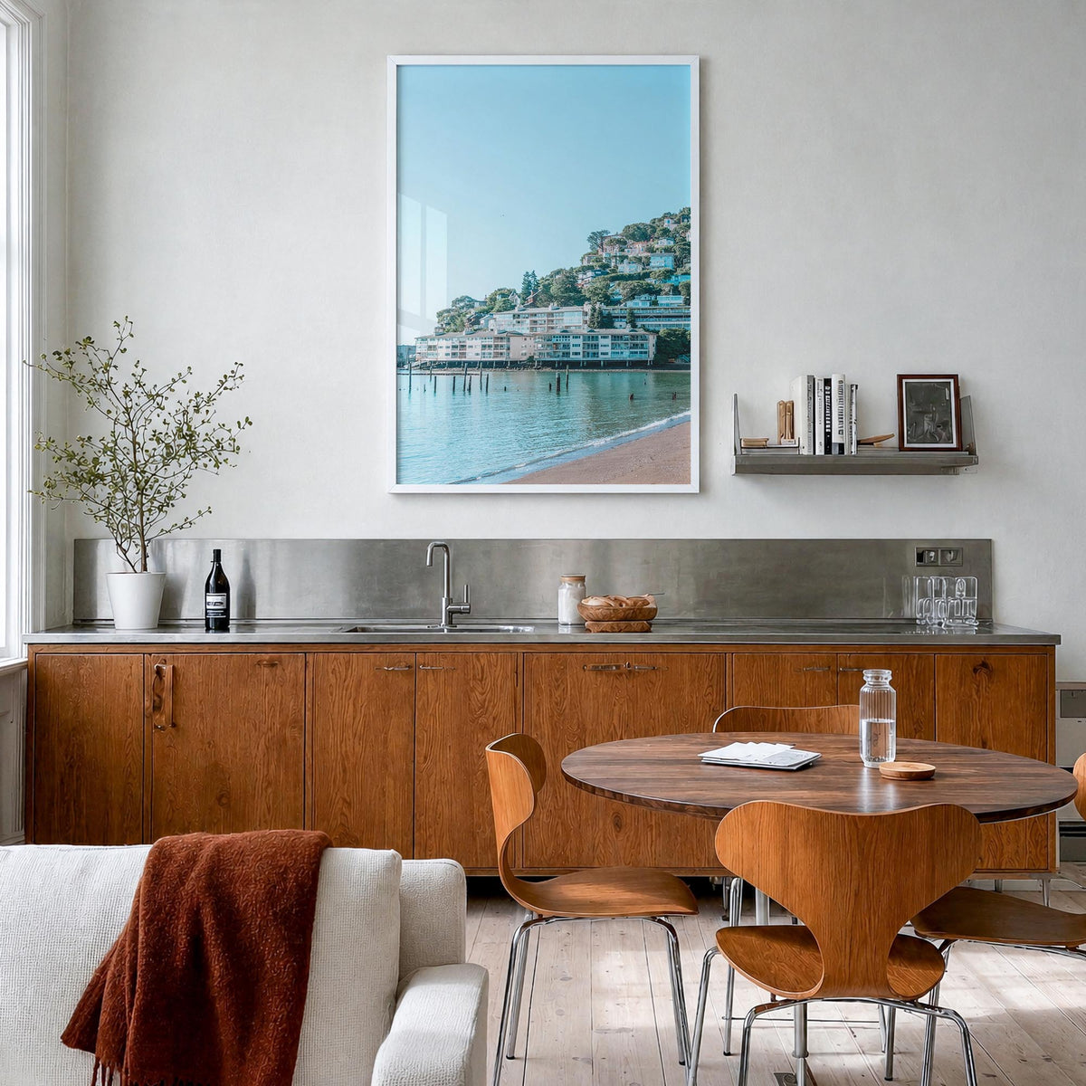 Sausalito colorful photo poster of California, USA – vertical wall art in white wood frame, hanging on wall
