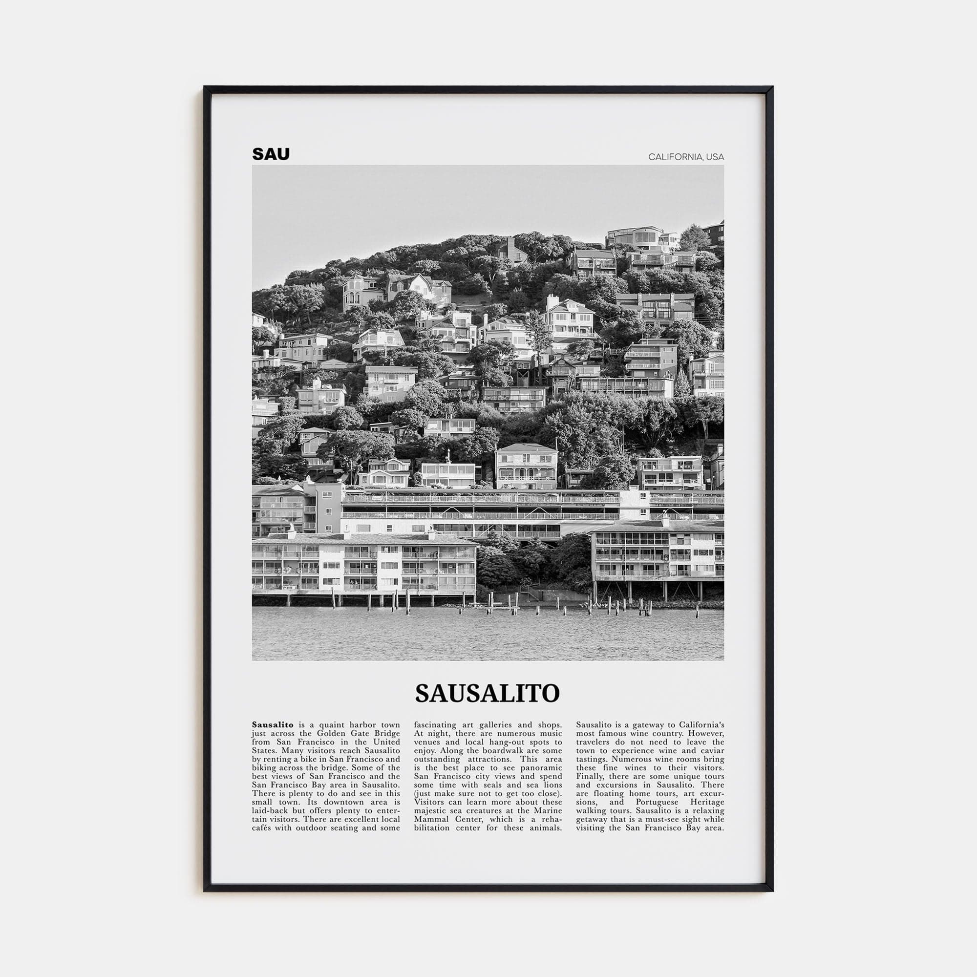 Sausalito Poster Black Metal / 8x12 in Nbourhood Travel B&W Poster