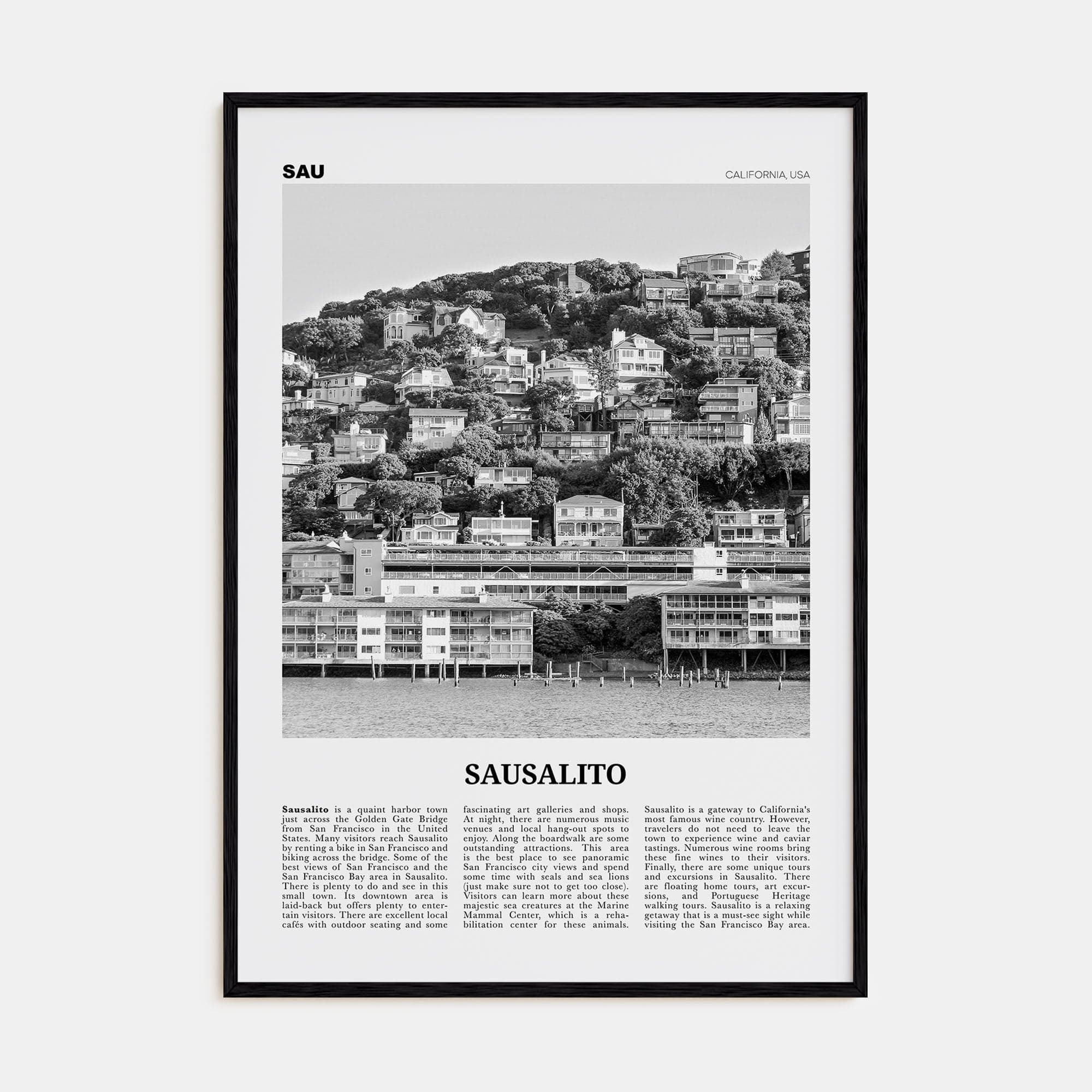 Sausalito Poster Black Wood / 8x12 in Nbourhood Travel B&W Poster