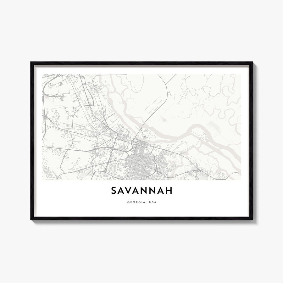 Savannah black & white map poster of Georgia, USA – horizontal wall art, unframed print shown in interior mockup