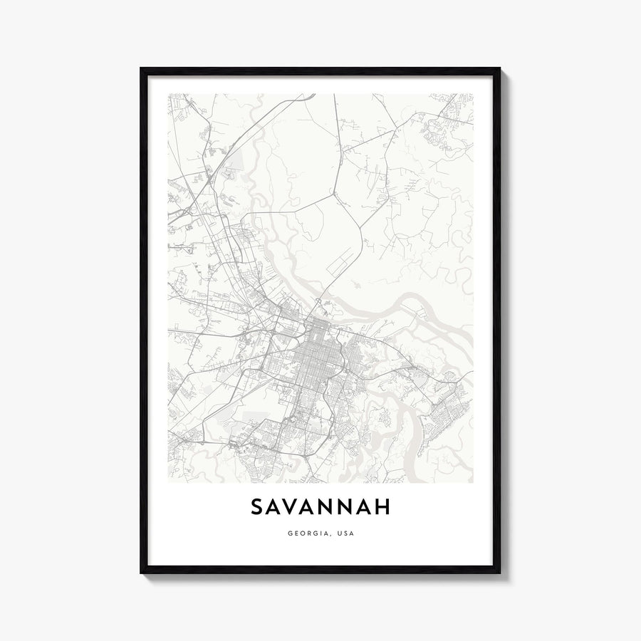 Savannah black & white map poster of Georgia, USA – vertical wall art, unframed print shown in interior mockup