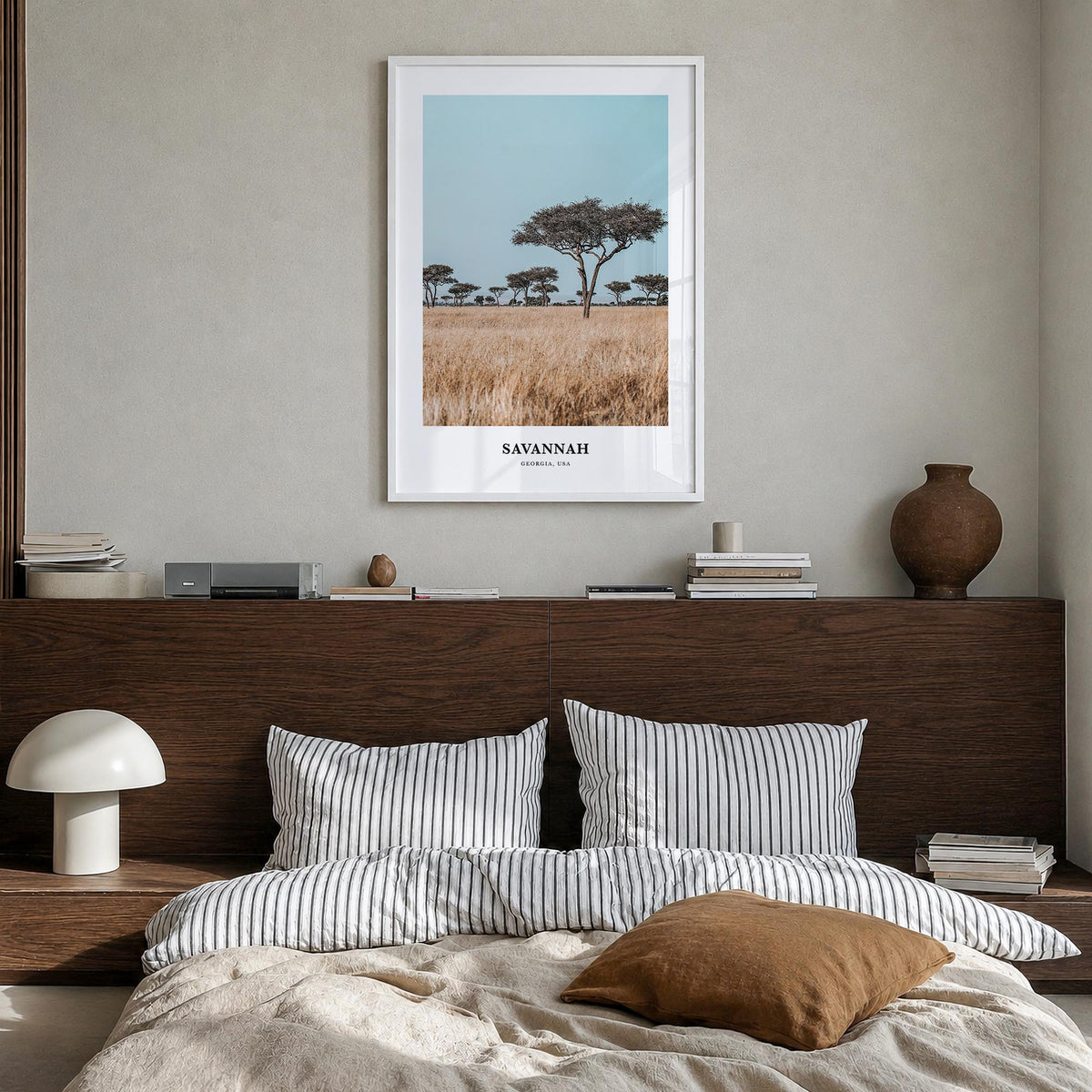 Savannah colorful classic poster of Georgia, USA – vertical wall art in white wood frame, hanging on wall