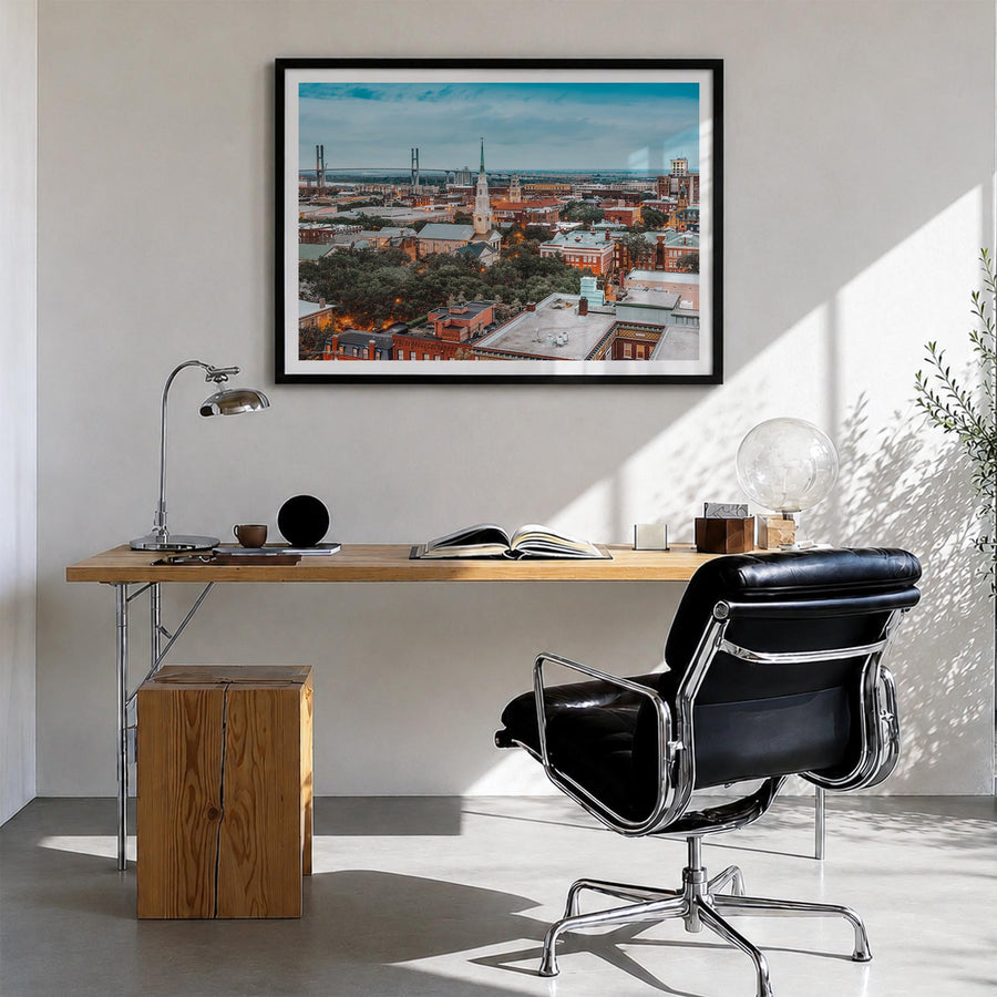 Savannah colorful photo poster of Georgia, USA – horizontal wall art in black wood frame with white border, hanging on wall