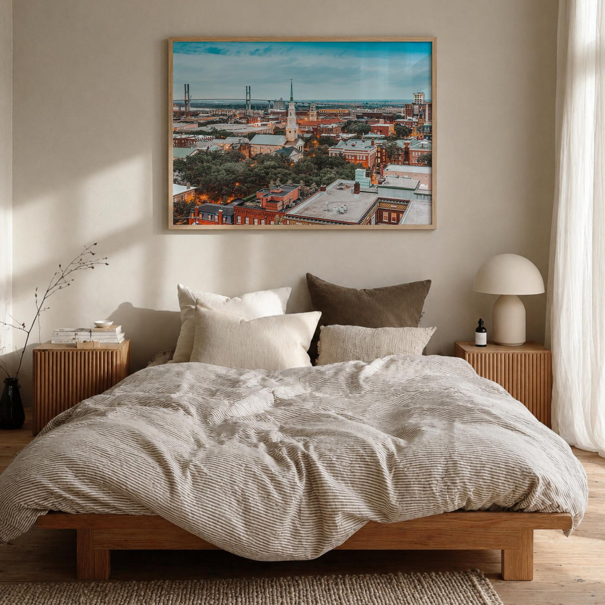 Savannah colorful photo poster of Georgia, USA – horizontal wall art in natural wood frame, hanging on wall