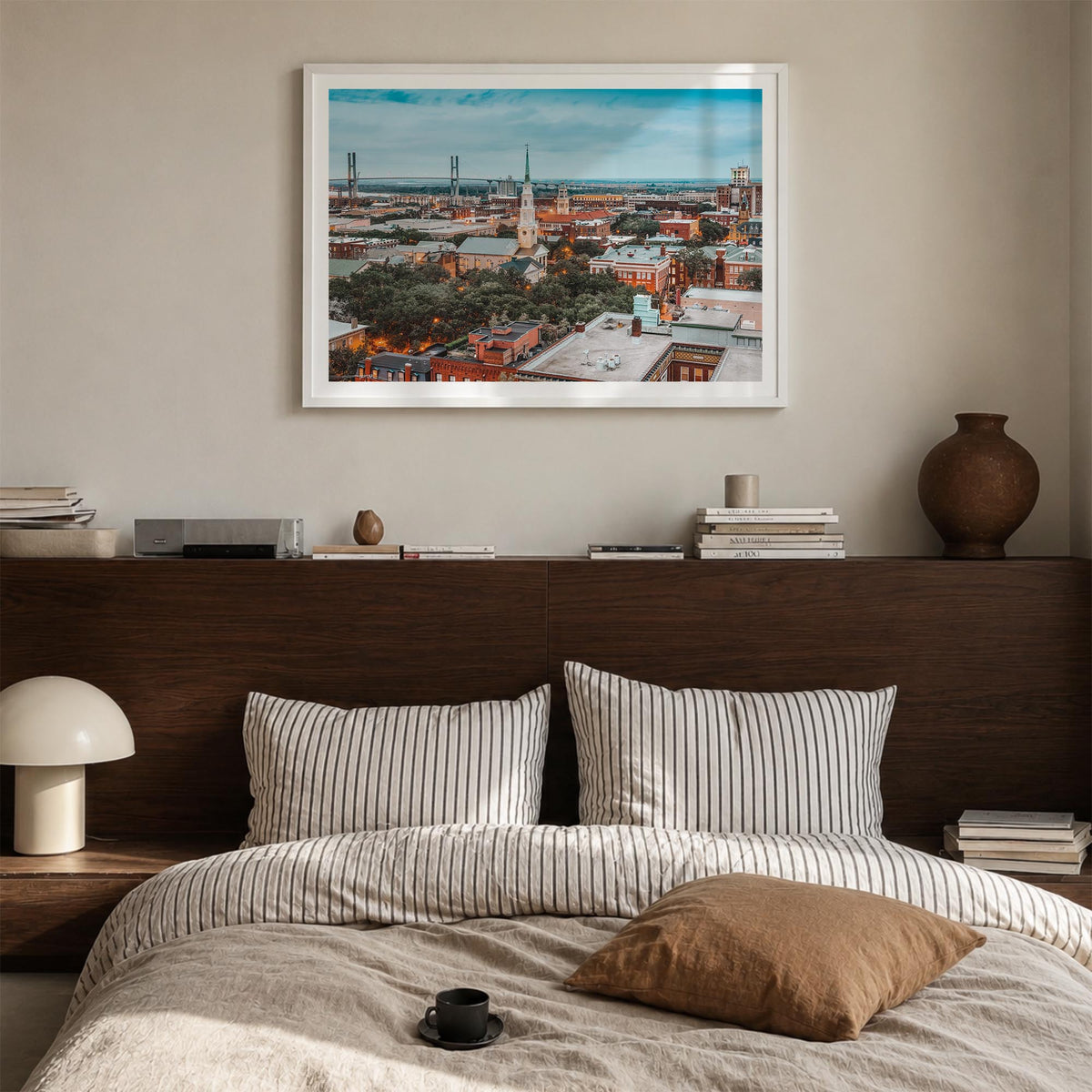 Savannah colorful photo poster of Georgia, USA – horizontal wall art in white wood frame with white border, hanging on wall