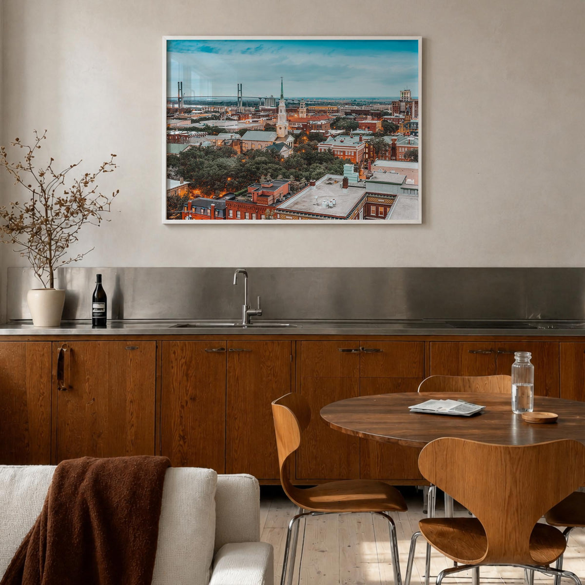 Savannah colorful photo poster of Georgia, USA – horizontal wall art in white wood frame, hanging on wall