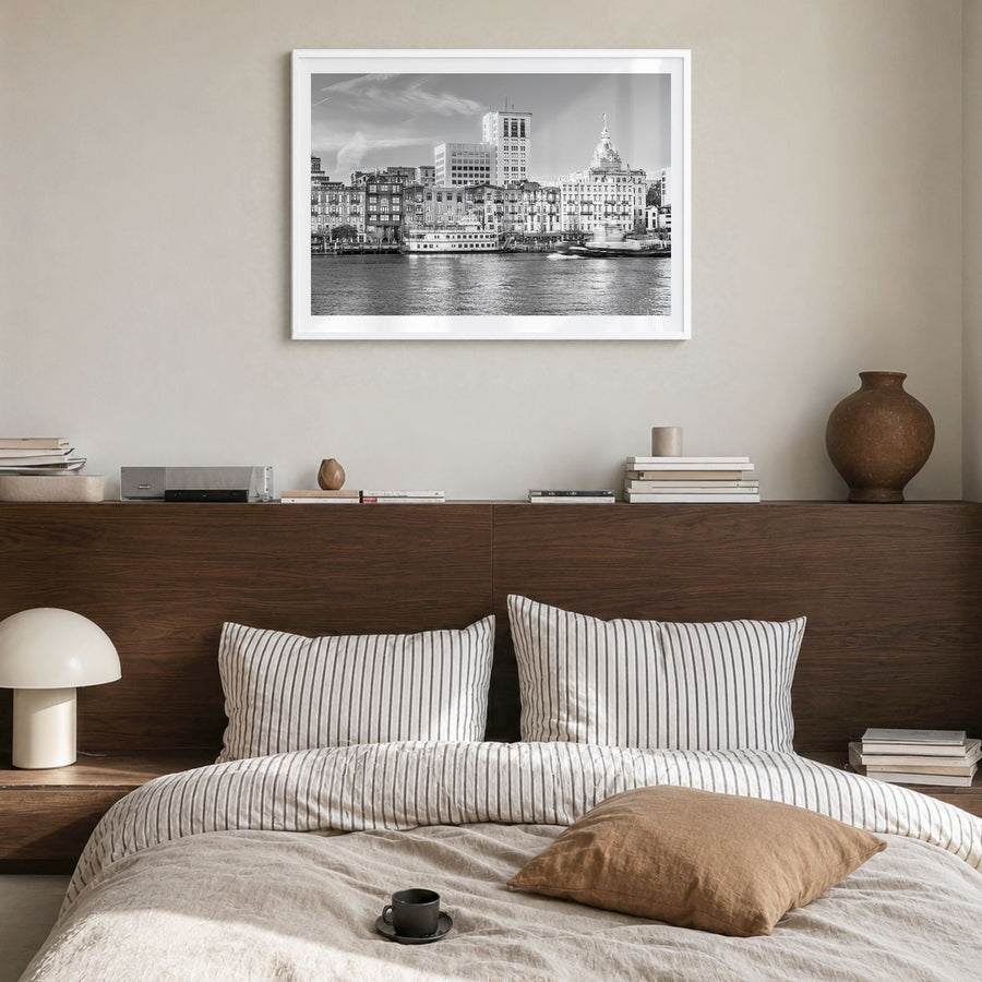 Savannah Photo Poster in a white wood frame, hanging in a bedroom, white border