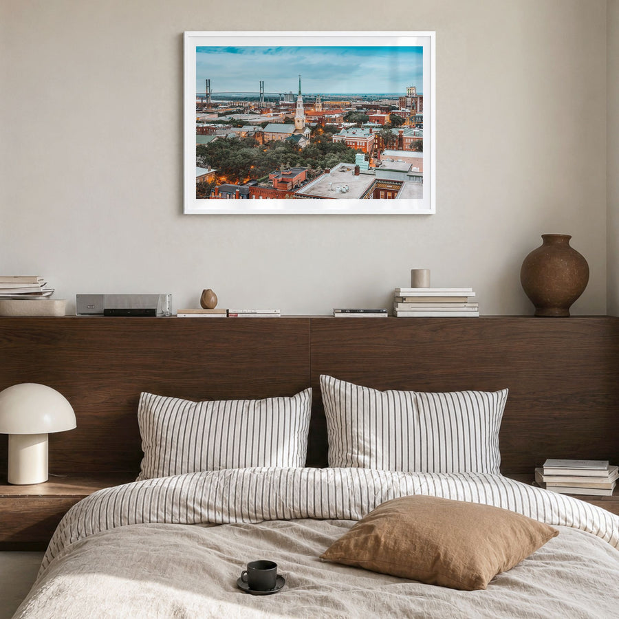 Savannah Photo Poster in a white wood frame, hanging in a bedroom, white border
