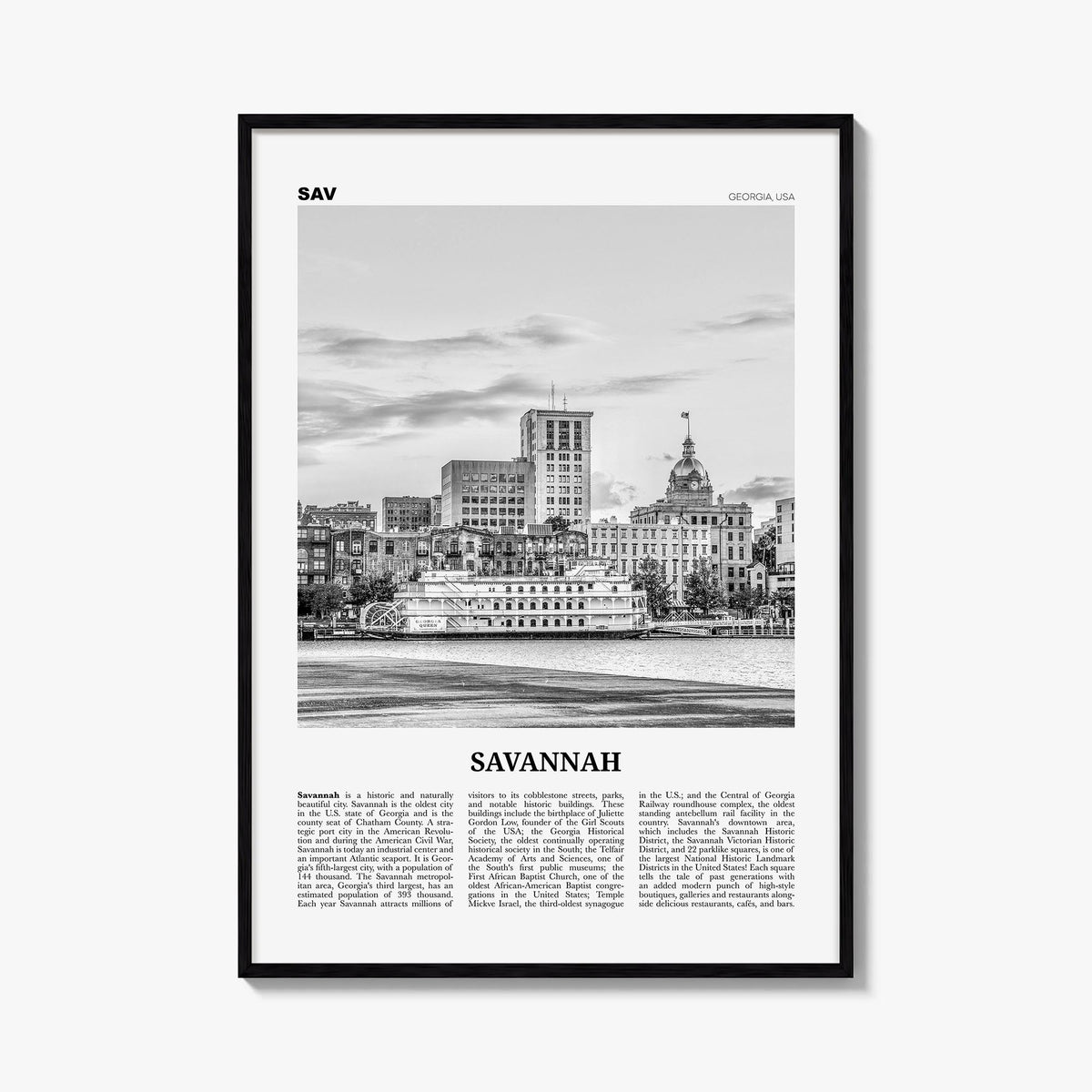 Savannah no. 1 black & white newspaper poster of Georgia, USA – vertical wall art, unframed print shown in interior mockup
